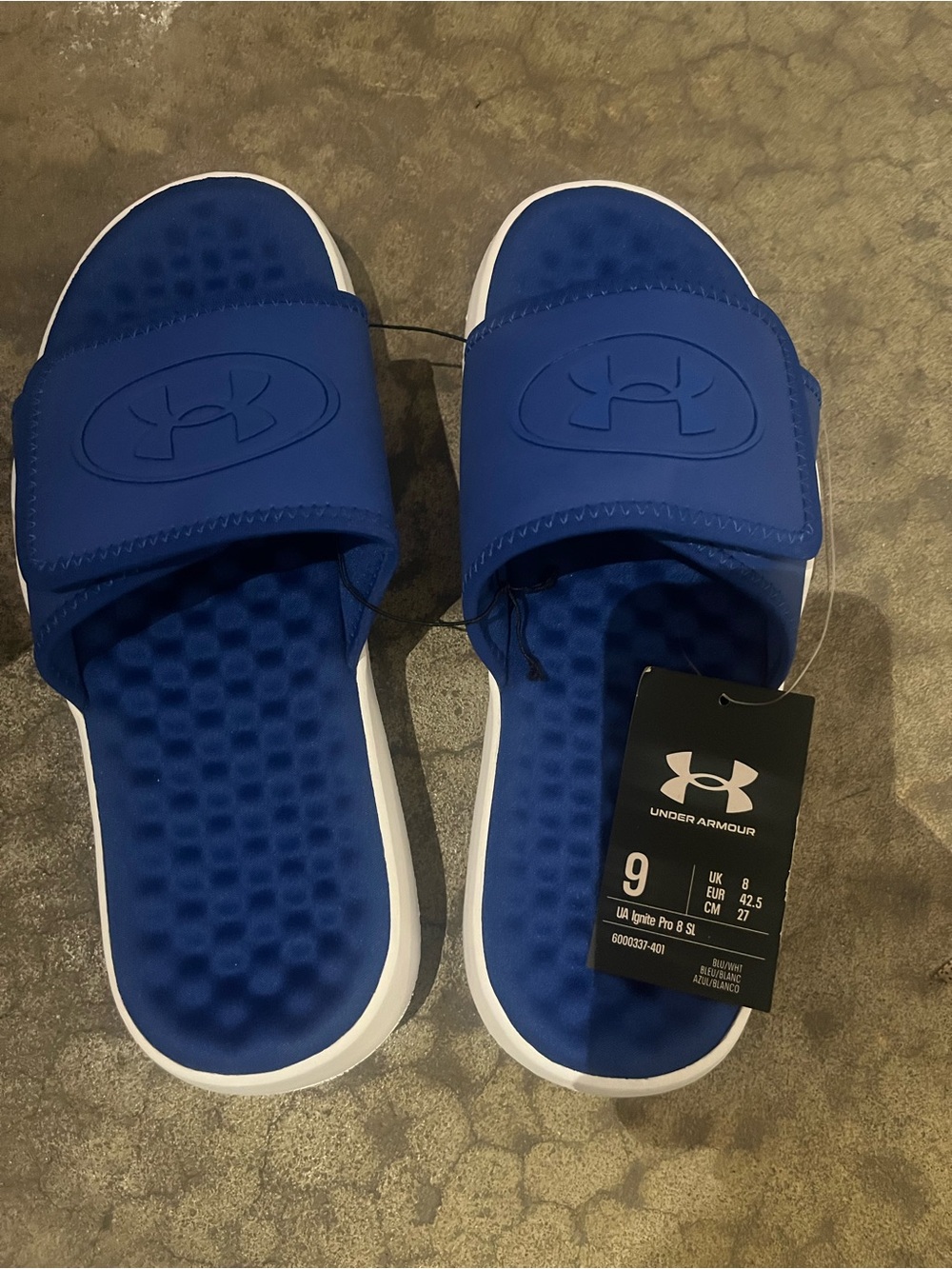 NWT Under Armour adult Royal Blue Slide Sandals with White Trim size 9